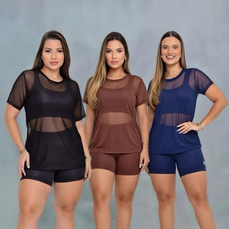 Set Of 3 Women's Tulle Tops For The Gym – Lightweight And Stylish - 3 Transparent Women's Workout Shirts – Comfort And Coolness - Set With 3 Fitness Tulle Tops - Đen Nâu Xanh - Xem 1