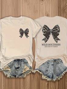 Double-Sided Printed Colored Cotton T-Shirt  Comfortable, Stylish With Minimalist Design, Casual & Versatile, INS Style Camo Bow Design On Navy Blue Shirt Streetwear Graphic T Shirts Vintage - 杏色 - 查看 1