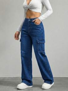 Wide-Leg Denim Pants With A Flattering High Waist And Functional Cargo-Style Side Pockets - Blue H2KB13 - View 5