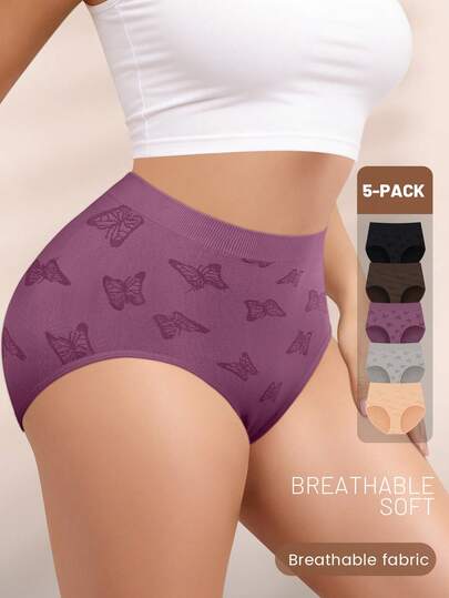 5pcs/Pack Plus Size Women's Printed Hipster Briefs, Sexy Soft & Breathable Panties