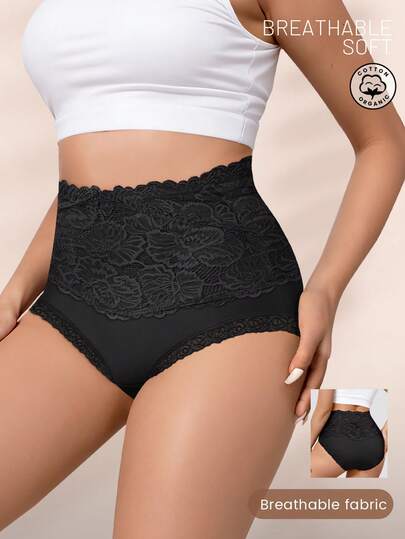 Plus Size Women Cotton High Waist Lace Patchwork Briefs, Jacquard Pattern