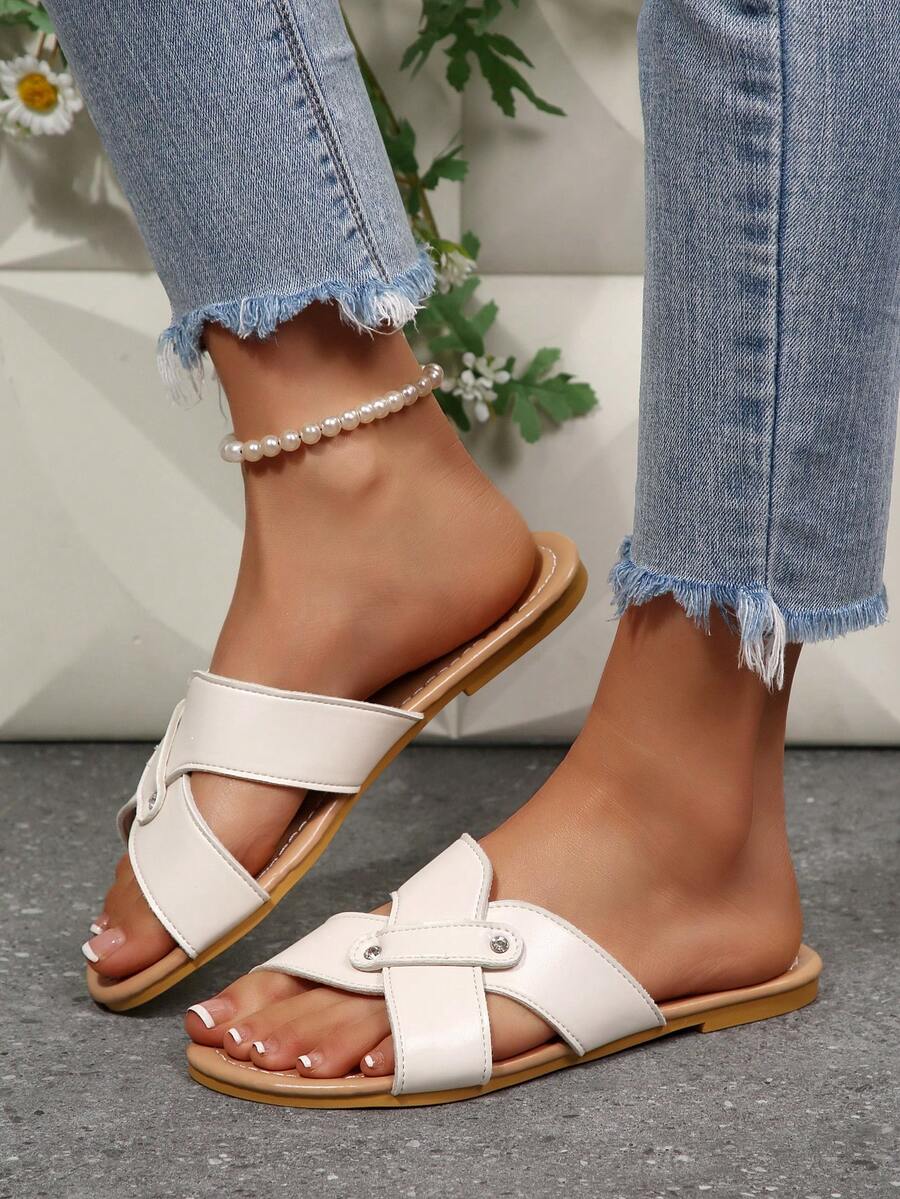 Women's Flat Slippers, New Summer Rhinestone Buckle Criss-Cross Strap Sandals, Vacation Beach Slides - White - View 1