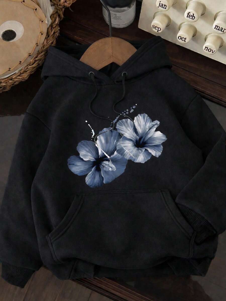 Kangaroo Hoodie With Sea Star Print, Beach-Style Flannel-Lined Sweatshirt, Cotton Jacket - Negro 2 - Ver 1
