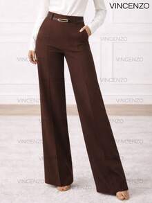 Women's Tailored Trousers High Waist Wide Leg Pants With Belt Casual Elegant - 深棕色 - 查看 1