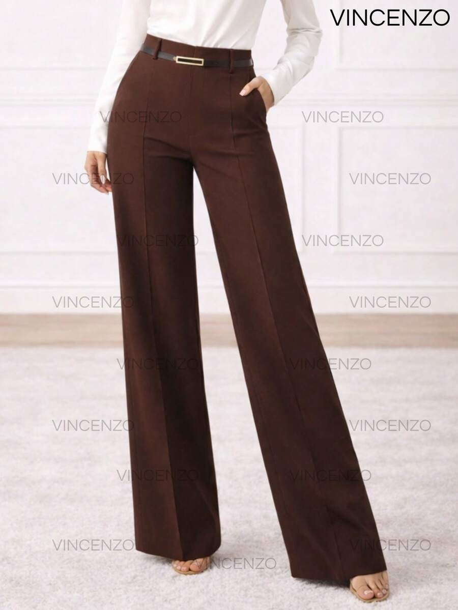 Women's Tailored Trousers High Waist Wide Leg Pants With Belt Casual Elegant - 深棕色 - 查看 1