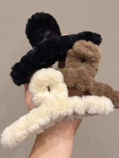 Autumn/Winter Plush Black, White, Brown Hair Clips, Fashionable Versatile Elegant High-End Classy Hair Accessories Suitable For Daily Wear, Parties, Commuting, Washing Face/Hair, Makeup, Matching Outfits