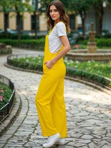 Overol Sexy Tirantes de Pierna Ancha Casual para Mujer - Amarillo Canario - Ver 4