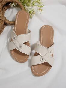 Women's Flat Slippers, New Summer Rhinestone Buckle Criss-Cross Strap Sandals, Vacation Beach Slides - White - View 7