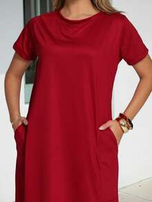 Women's Midi Dress With Pockets Round Neck Everyday Loose Fit - 紅色 - 查看 4