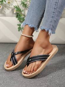Flat Bohemian Style Sandals, Open Toe Beach Slippers, Fashion Summer Shoes For Women - Black - View 3