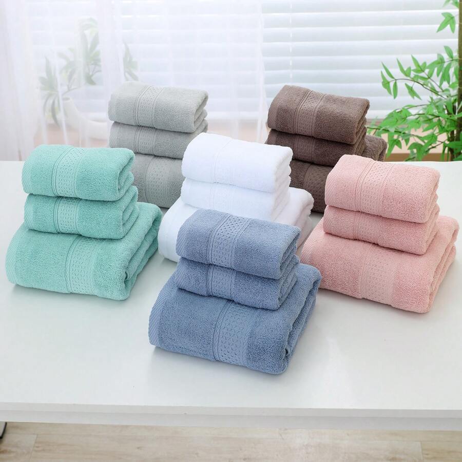 Bộ 3 món 100% cotton, gồm 2 khăn tắm + 1 khăn tắm lớn, thấm hút tốt và thân thiện với da, đồ dùng phòng tắm dành cho người lớn, thoáng khí, mềm mại, không xơ vải, đồ dùng khách sạn. - Nhiều màu - Xem 1