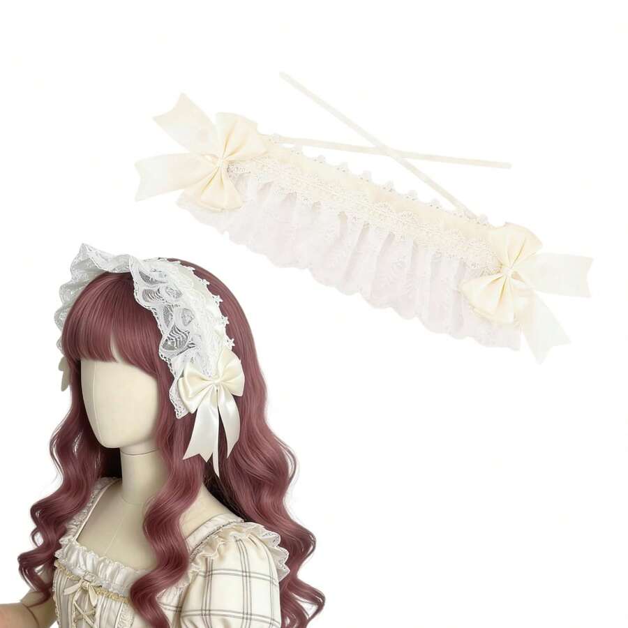 Lace Ruffle Lolita Headdress Beige Bow Bonnet Headband For Women Maid Headpiece For Gothic Tea Party Wedding Cosplay Kawaii Hair Accessory - 1 - Xem 1