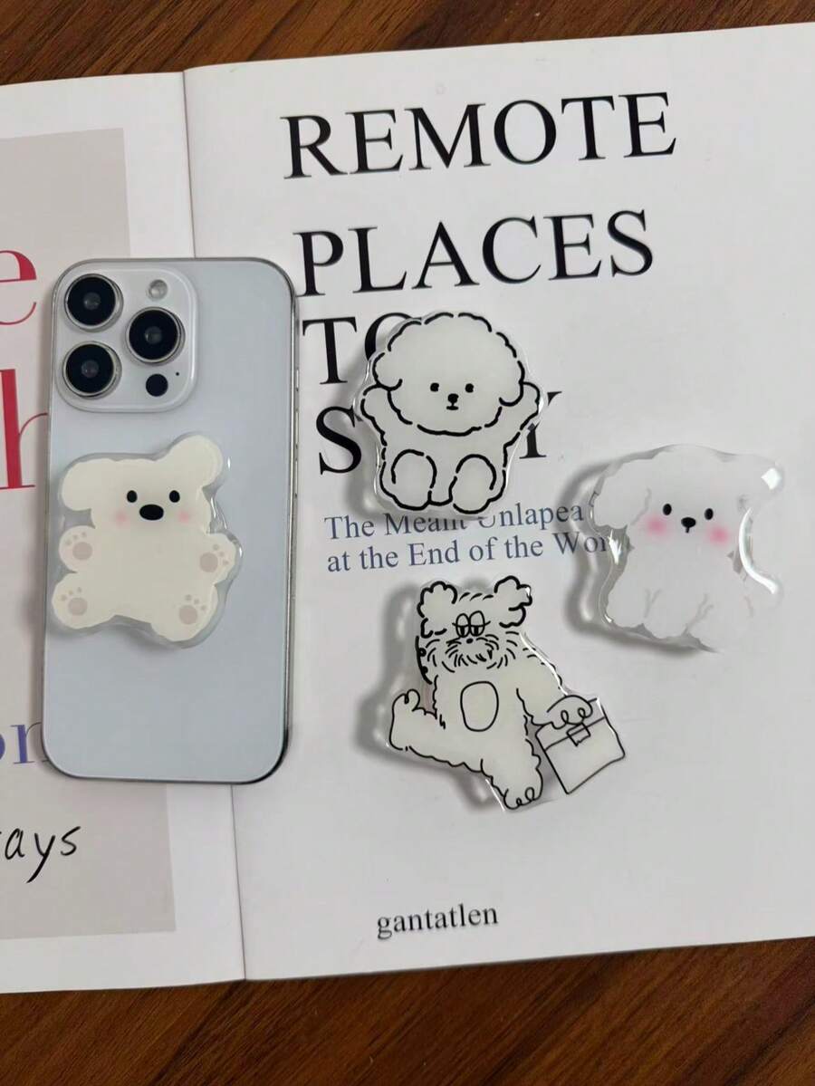 Cute Cartoon Puppy Adhesive Phone Holder, 1pc Retractable Slouchy Desktop Stand Bracket, Suitable For All Phones - White - View 1