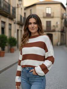 Blusa Feminina Tricô Tricot Listrada Manga Longa Gola Redonda Inverno Versátil - Nude - Visão 8