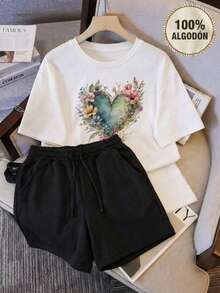 2 piezas Conjunto Casual short y playera estampado corazon flores estilo romantico casual Comodidad y Estilo para Tu Día a Día - Negro - Ver 1