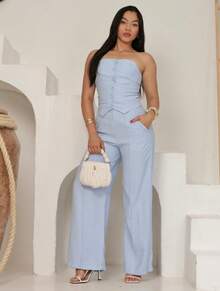 Conjunto Alfaiataria Tomara Que Caia Feminino Calça Pantalona E Colete Elegante Com Botões Tecido Sensorial Marrant - Azul bebê - Visão 3