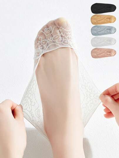 1/5/10 Pairs Boat Socks Ultra Thin Lace Ladies Summer Non-Slip Invisible Short Socks High Heel Bottom Hollow Out Mesh Stockings Women