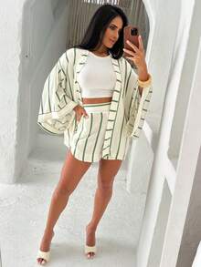 Árbora Eminence - Women's Kimono And Shorts Set In Viscose Linen Fabric, One Size Fits Sizes 38 To 42, Summer Fashion - Trắng ngà/Xanh đậm - Xem 3