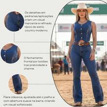Conjunto Colete E Calça Flare Jeans Country Feminina Pedraria Luxo ideal para eventos sertanejo festas de peão Boiadeiro - CALÇA BRILHO COLETE LUXO - Visão 8