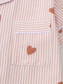 Striped Heart Print Short Sleeve Shorts Pajama Set For Women - Watermelon Pink - View 4