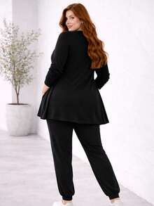 Plus Size 3 Piece Wool Set Cardigan Tank Top Pants Simple Casual Elegant - Black - View 1