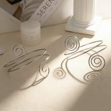 1pc Minimalist Spiral Arm Cuff For Women, 18K Gold Plated Stainless Steel Upper Arm Band Adjustable Statement Jewelry Gift - Silver - View 3