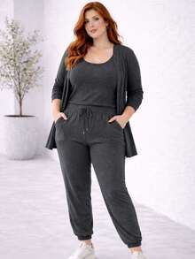 Plus Size 3-Piece Woolen Set: Cardigan, Tank Top, Pants - Simple, Casual, And Elegant - 深灰色 - 查看 4