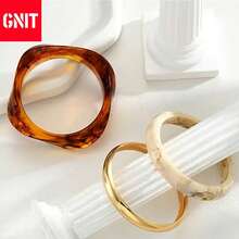 GNIT 爆款复古手链套装 Y2K美学手饰 女士热销可叠戴手链套装 琥珀大理石黄金三件套奢华首饰 - 扭透咖+金細圓+米中圓 - 查看 7