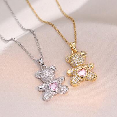 金色心形小熊项链，可爱小熊项链，奢华优雅的新年饰品，适合婚礼、约会和日常佩戴