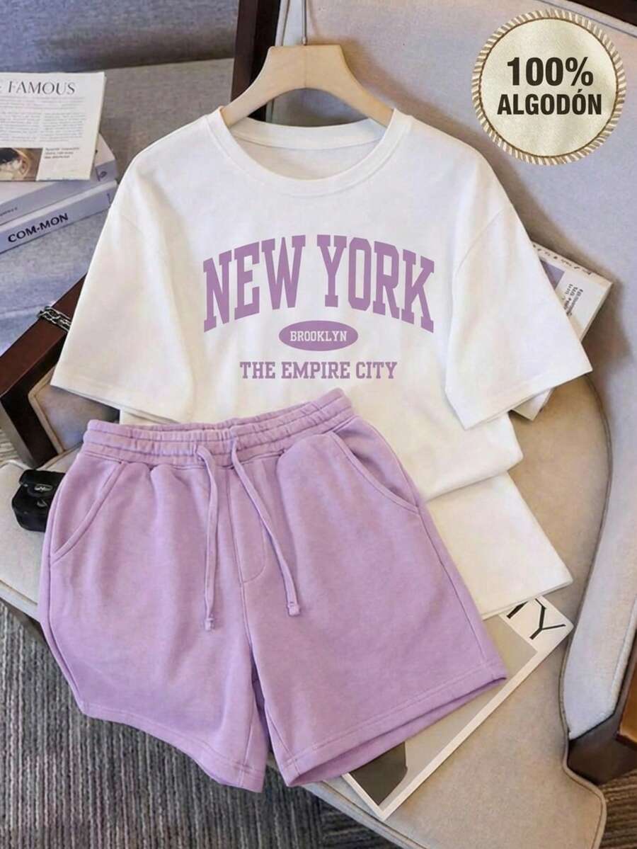 2 piezas Conjunto Casual short y playera estampado corazon estilo romantico casual Comodidad y Estilo para Tu Día a Día - Lila Púrpura - Ver 1