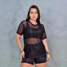 Set Of 3 Women's Tulle Tops For The Gym – Lightweight And Stylish - 3 Transparent Women's Workout Shirts – Comfort And Coolness - Set With 3 Fitness Tulle Tops - 黑棕色裸色 - 查看 4