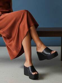 Fashionable Versatile Casual Solid Color Platform Wedge Slippers - Black - View 2