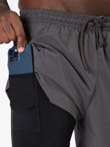 Shorts de Compressão 2 em 1 Masculino com bolso para celular E Cordão de Ajuste academia treino corrida - Chumbo - Visão 5