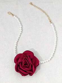 1pc Women's Elegant Faux Pearl Fabric Flower Beaded Necklace, Suitable For Party Wear - Grey - View 9