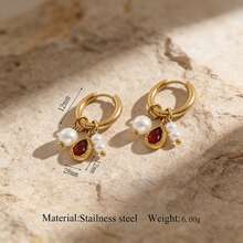 复古金色不锈钢耳环，饰以水滴形宝石和仿珍珠吊坠，优雅女士耳环 - 金色 - 查看 8