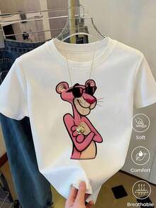 Women's White T-Shirt With  Graphic And Sunglasses, Retro Cartoon Aesthetic Short Sleeve T-Shirt, Fun Modern Top, Casual Street Fashion Blouse - 咖啡棕 - 查看 1