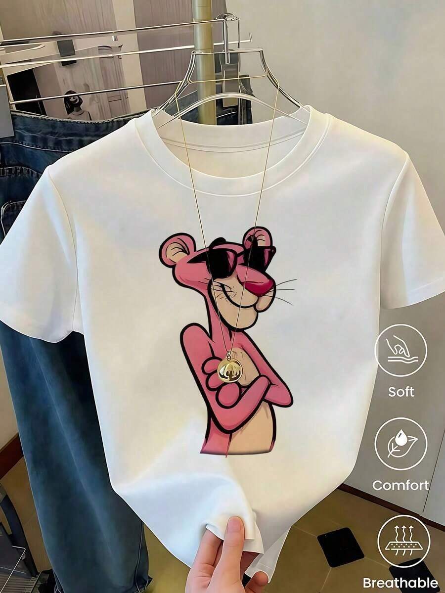 Women's White T-Shirt With Graphic And Sunglasses, Retro Cartoon Aesthetic Short Sleeve T-Shirt, Fun Modern Top, Casual Street Fashion Blouse - 咖啡棕 - 查看 1