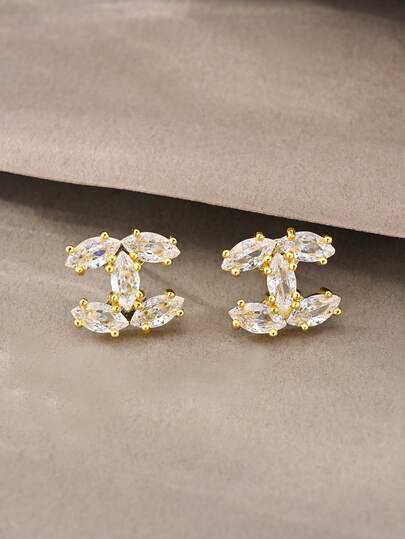 1 Pair Gold Earrings, Fashionable Elegant Minimalist Luxury High-End Gold Copper Inlaid Cubic Zirconia Pendant Earrings, Suitable For Women's Daily Wear