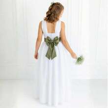 White Long Dress With Olive Pleats And White Tulle Skirt With Sash REF4072 - Olive Green - View 4