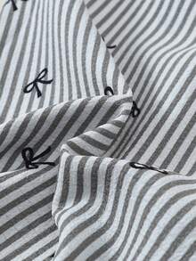 Striped Bow Print Women Bubble Crinkle Short Sleeve Shorts Pajama Set - Black - View 9