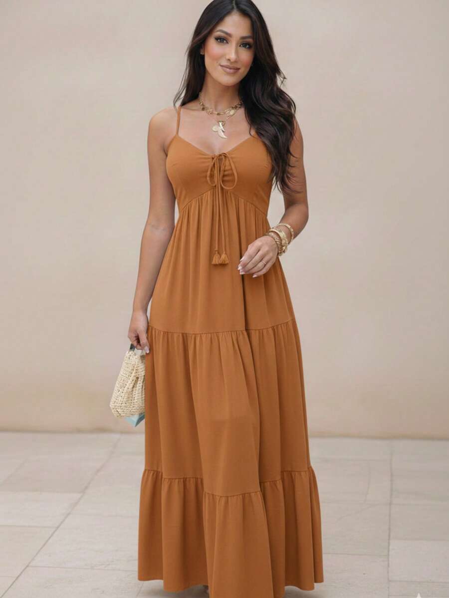 Long Tank Dress With Spaghetti Straps And Ruffles. - Camel - View 1