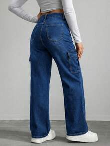 Wide-Leg Denim Pants With A Flattering High Waist And Functional Cargo-Style Side Pockets - Blue H2KB13 - View 3
