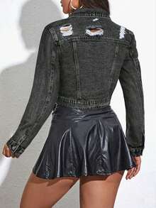 Chamarra de mezclilla para dama, ropa vaquera mujer corta ceñida, lavado clásico con roturas, versátil y casual, Chaqueta vaquera corta de manga larga con rotos para mujer - Negro - Ver 5