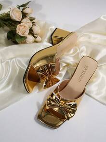 Women's High Heel Sandals, Chunky Heel, Fashionable Butterfly & Flower Design, Wedding Princess Shoes - Gold - View 8