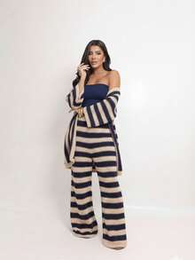 LARISSA KNITTING Women's Three-Piece Knit Set: Wide-Leg Pants, Top, And Kimono. - màu xanh hải quân và màu cát - Xem 1