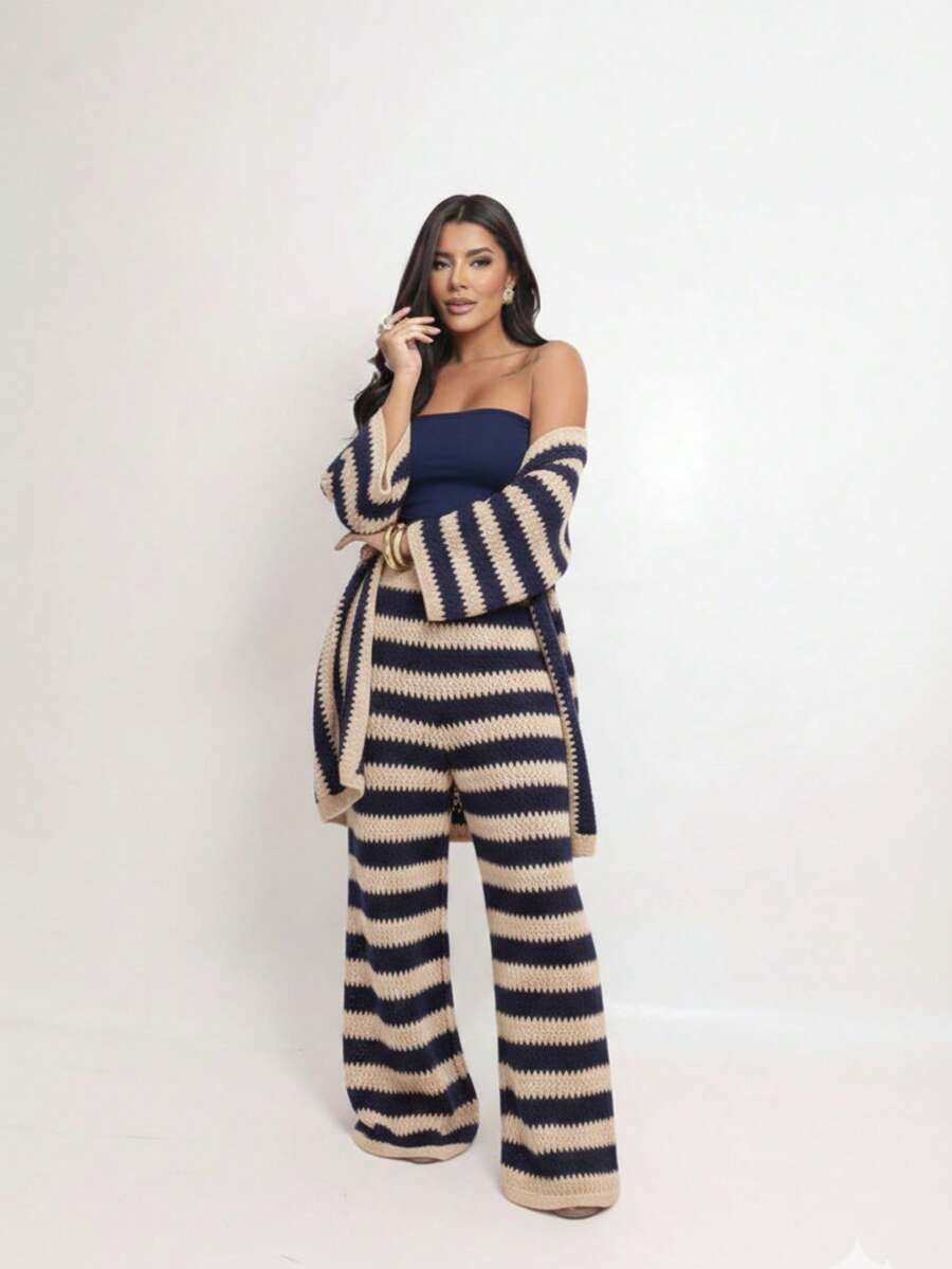 LARISSA KNITTING Women's Three-Piece Knit Set: Wide-Leg Pants, Top, And Kimono. - màu xanh hải quân và màu cát - Xem 1