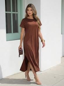 Women's Midi Dress With Pockets Round Neck Everyday Loose Fit - 鏽棕色 - 查看 5