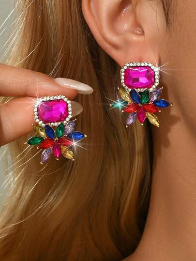 2026 New 1pair Rhinestone Decor Stud Earrings Women's Crystal Earrings Are Perfect For Daily Wear, Vacations, Banquets, Wedding Banquets, Dates, And Party Decorations