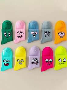 5/10双趣味表情印花中筒袜，男女皆宜的学院风春夏袜 - 彩色 - 查看 2