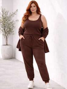 Plus Size 3-Piece Woolen Set: Cardigan, Tank Top, Pants - Simple, Casual, And Elegant - 鏽棕色 - 查看 2